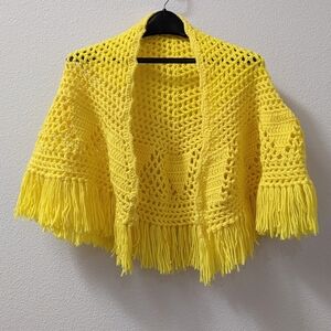 Handmade vintage bright yellow crocheted shawl with fringe